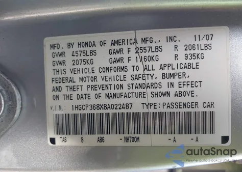 2008 Honda Accord 3.5 Ex-L из США, поврежденный, VIN 1HGCP368X8A022487